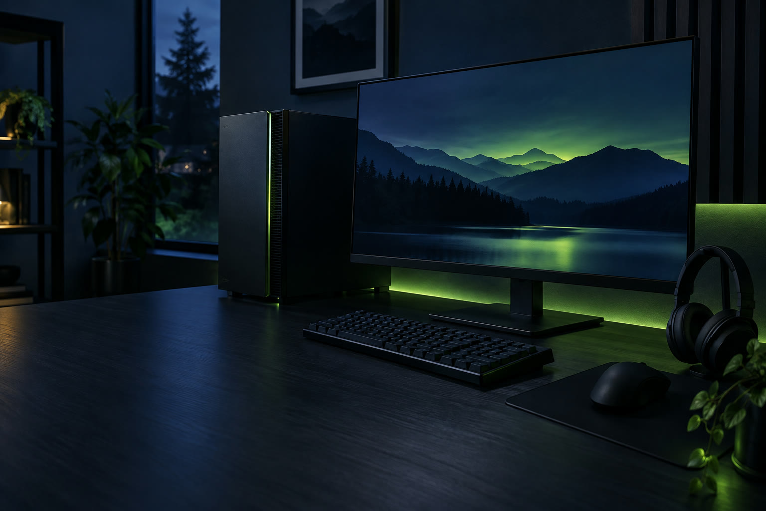 Setup gamer azul escuro com monitor, computador e iluminação verde discreta.